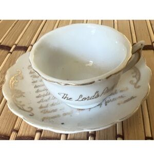 Vintage “The Lord’s Prayer” Mini Porcelain Teacup & Saucer Set White Gold Trim